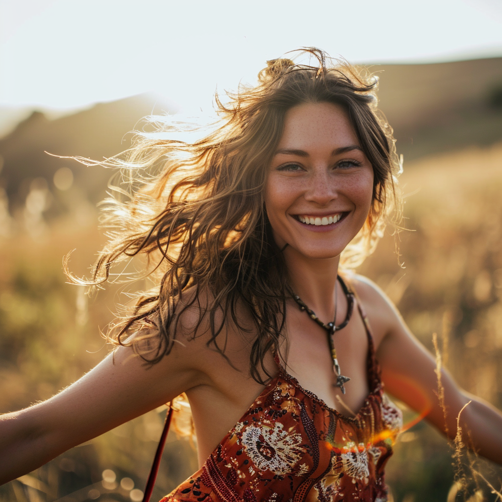 Joyful person dancing in a field