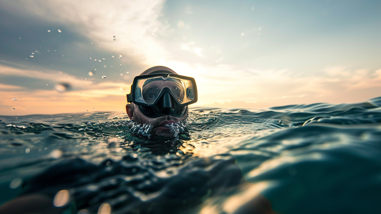 Free diver inhaling at water surface