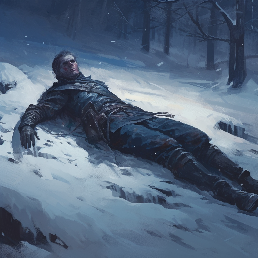 Brave adventurer lying motionless in snow