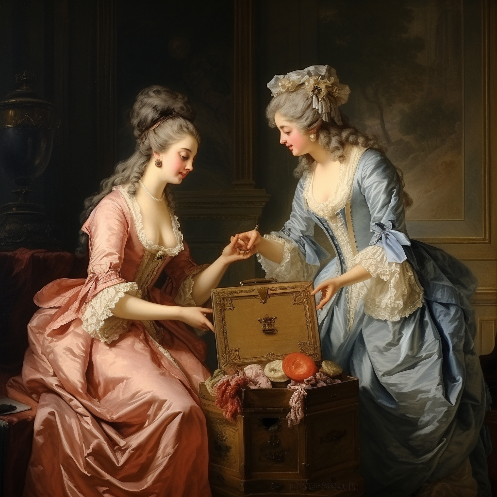 Beautiful rococo art depicts woman placing a box