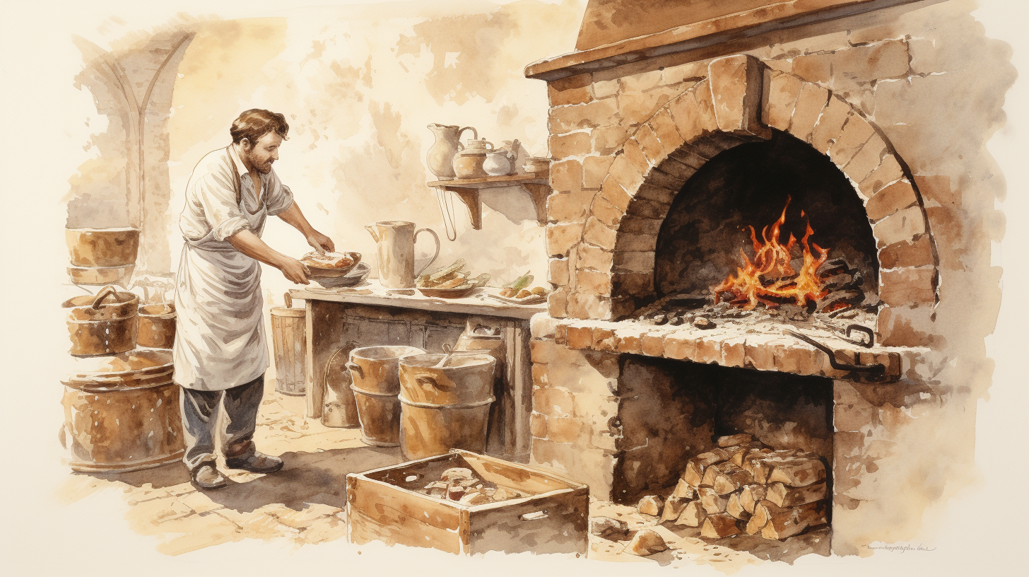 Vintage drawing of a traditional French baker with stone oven