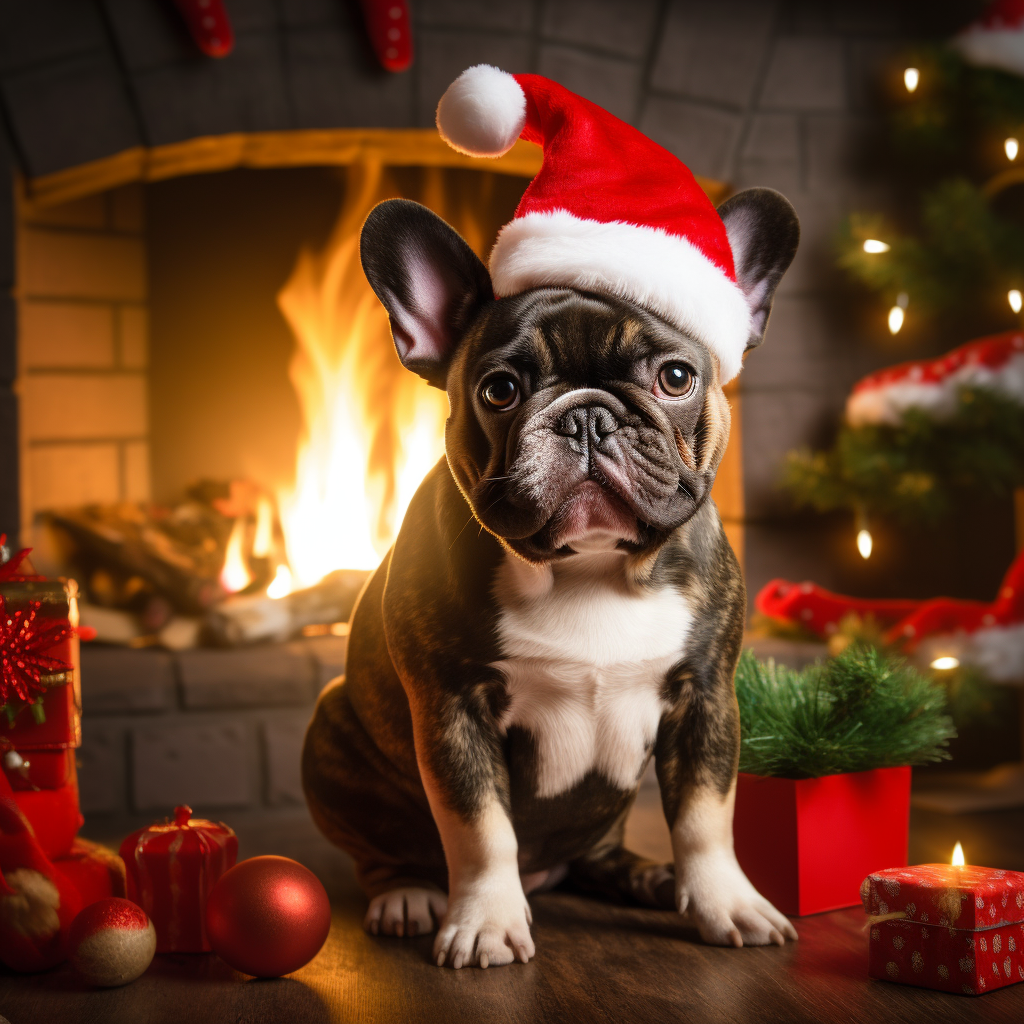 Cute French Bulldog in Santa Hat by the Fire