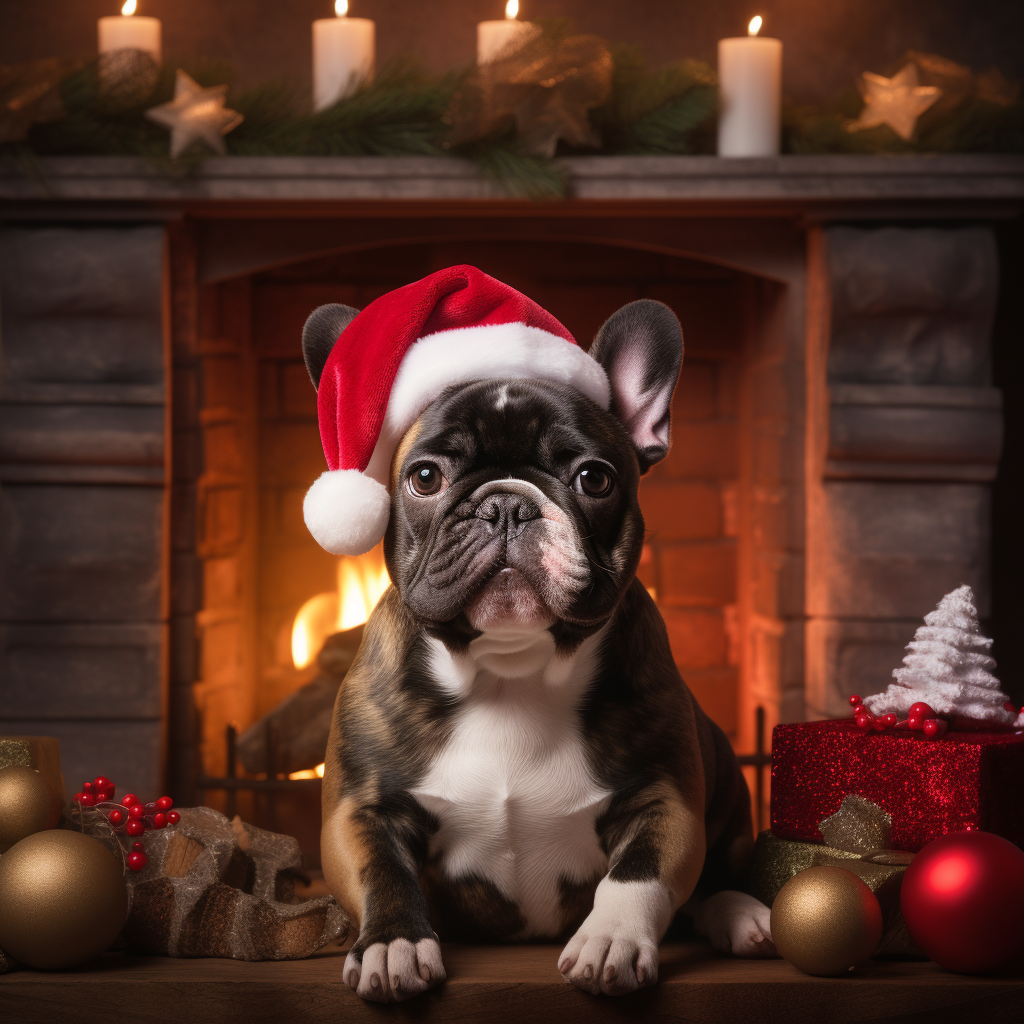 Cute French Bulldog wearing Santa hat by the cozy fire