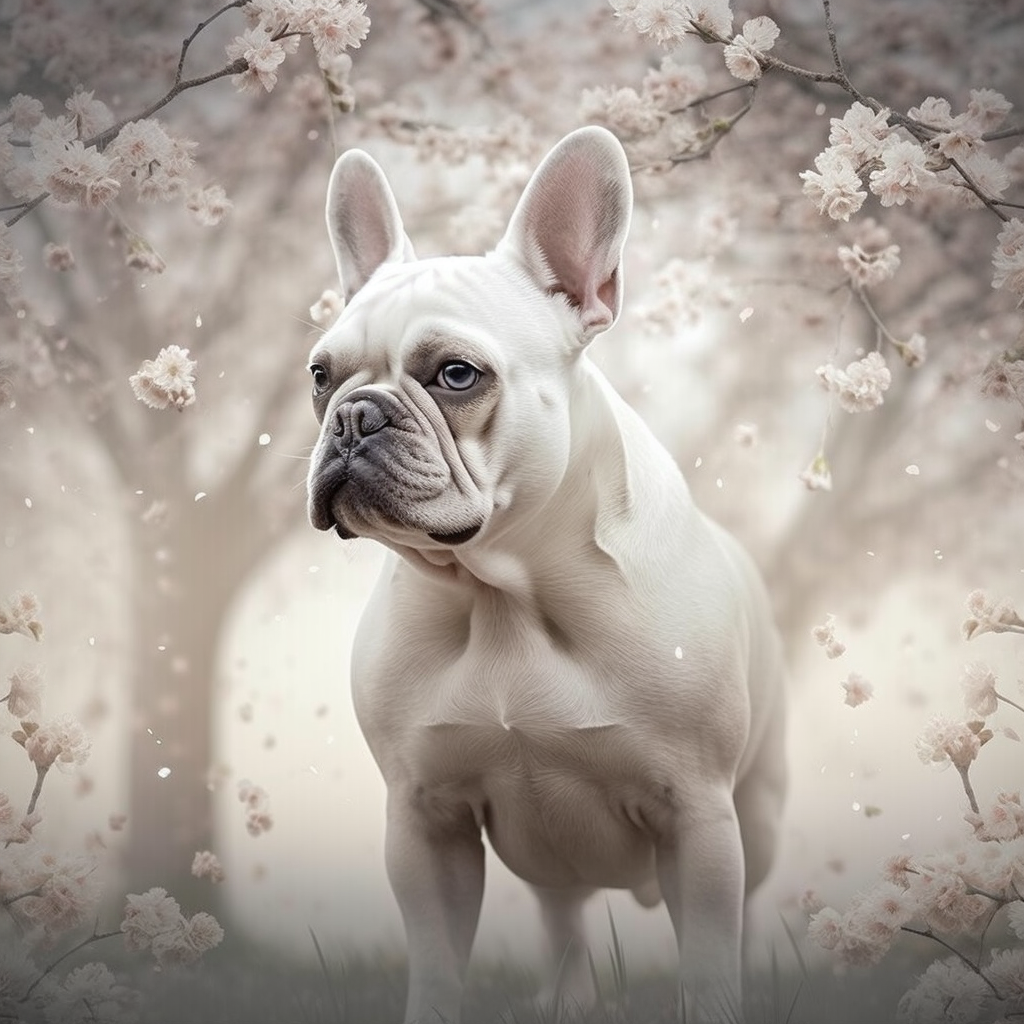 Adorable French Bulldog in a white blossoming tree grove