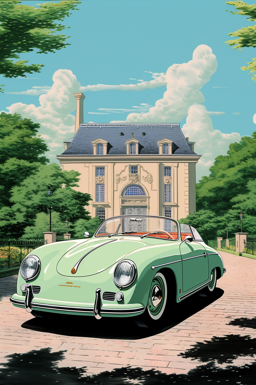 Porsche Speedster parked in French castle garden