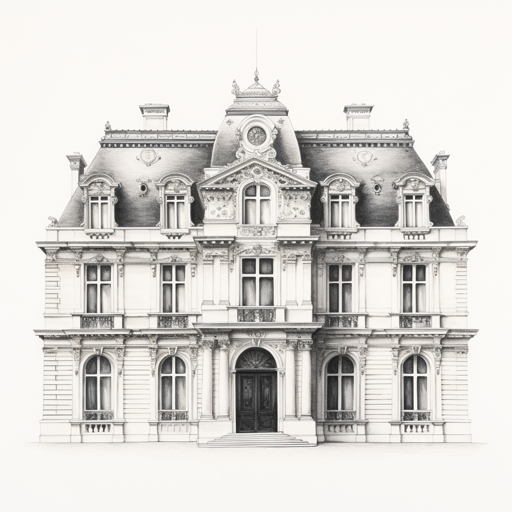 French Chateau Drawing Black White