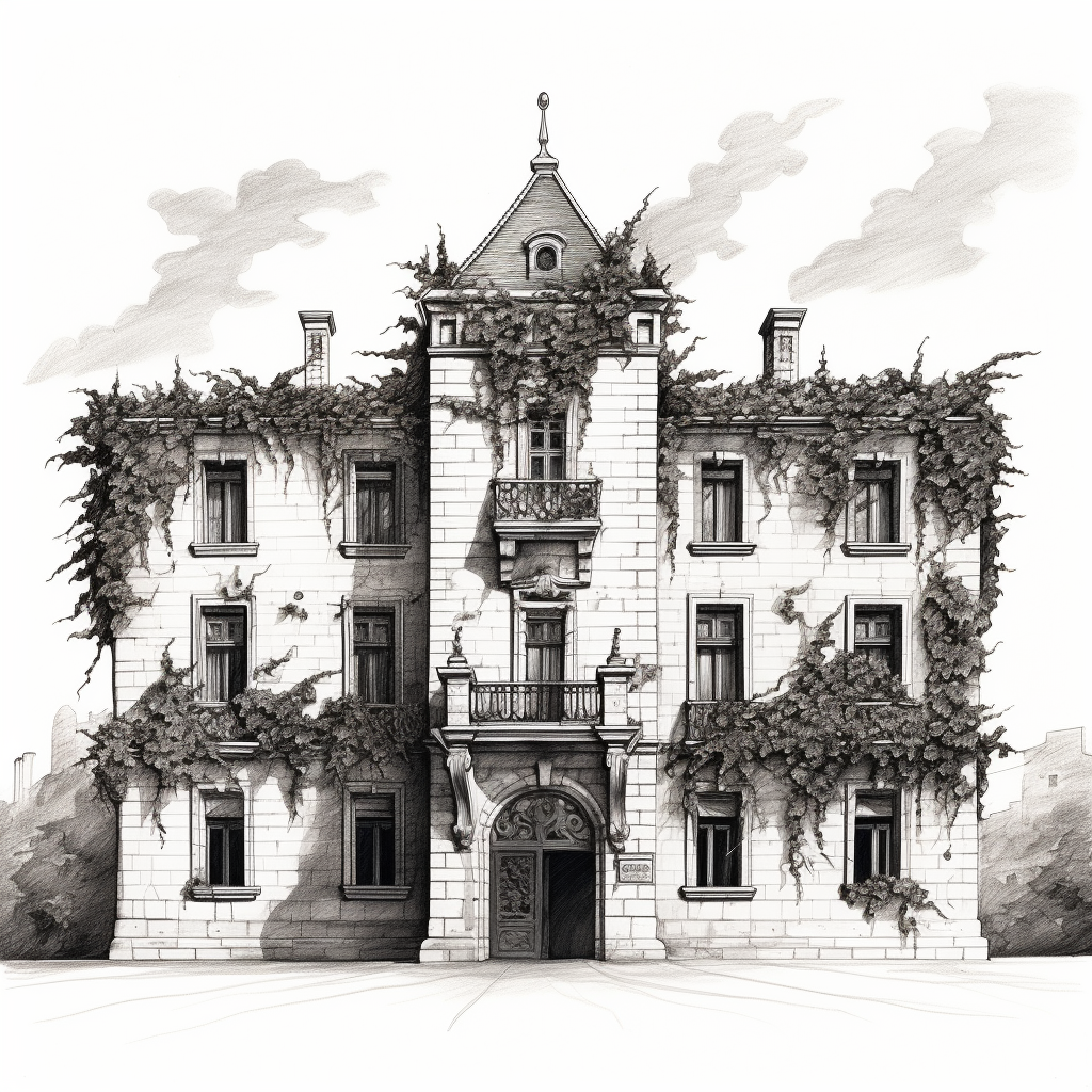 French Chateau with Vines in Black and White