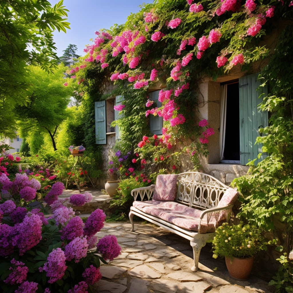 Beautiful French cottage garden with colorful flowers