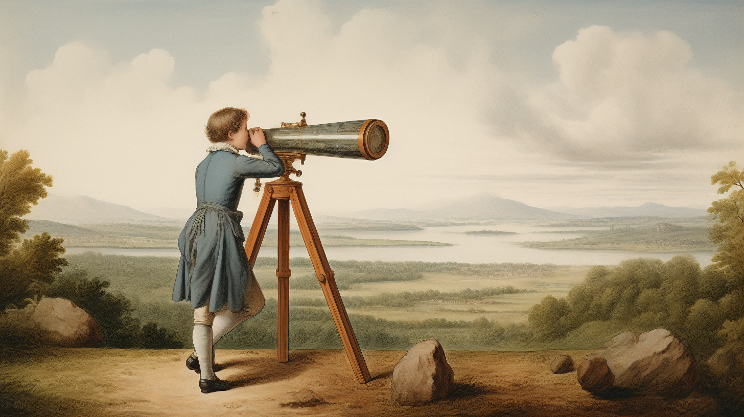 French fairytale young builder looks through telescope