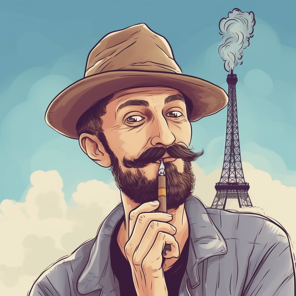 Funny French man vaping on Eiffel Tower caricature