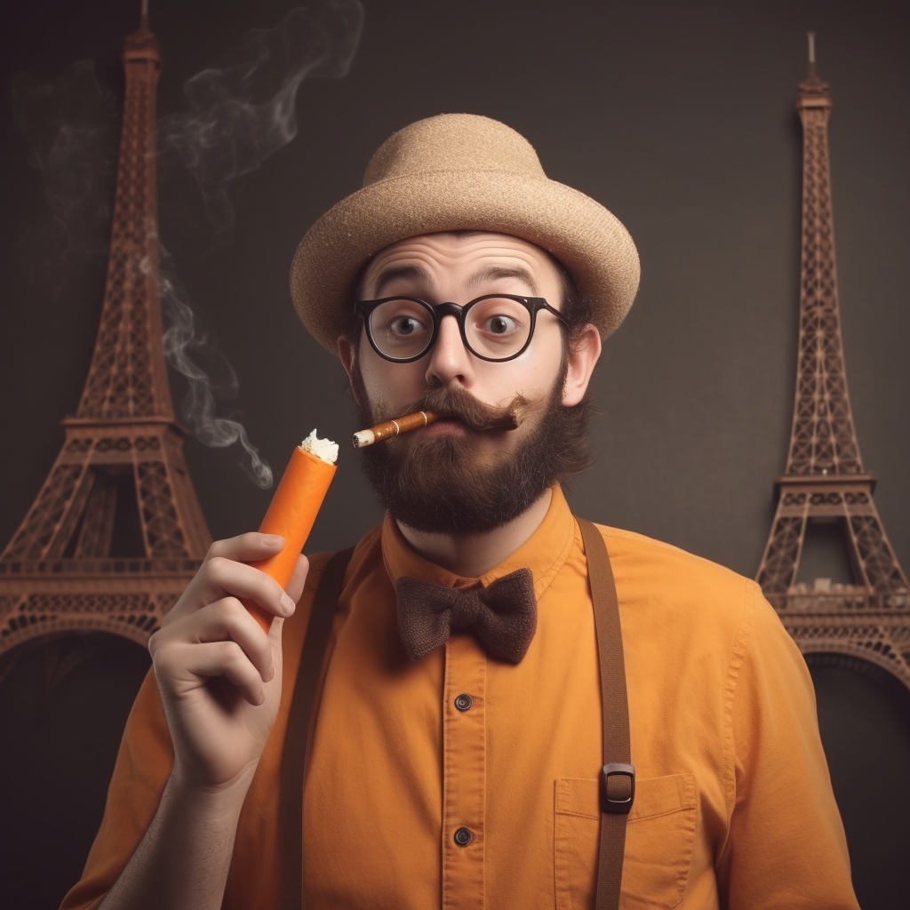 Funny French man with baguette and Eiffel Tower