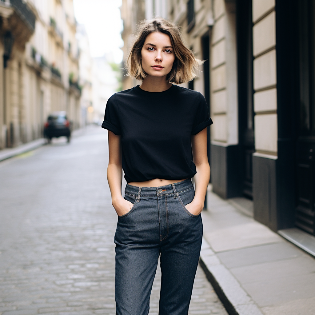 Stylish French girl in tapered denim jeans