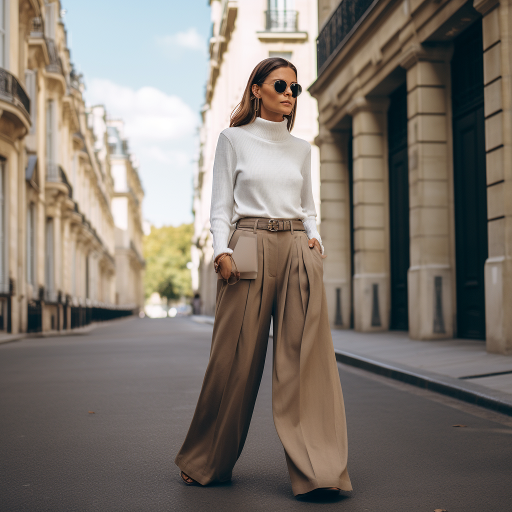 Fashionable French girl in wide-leg pleated trousers