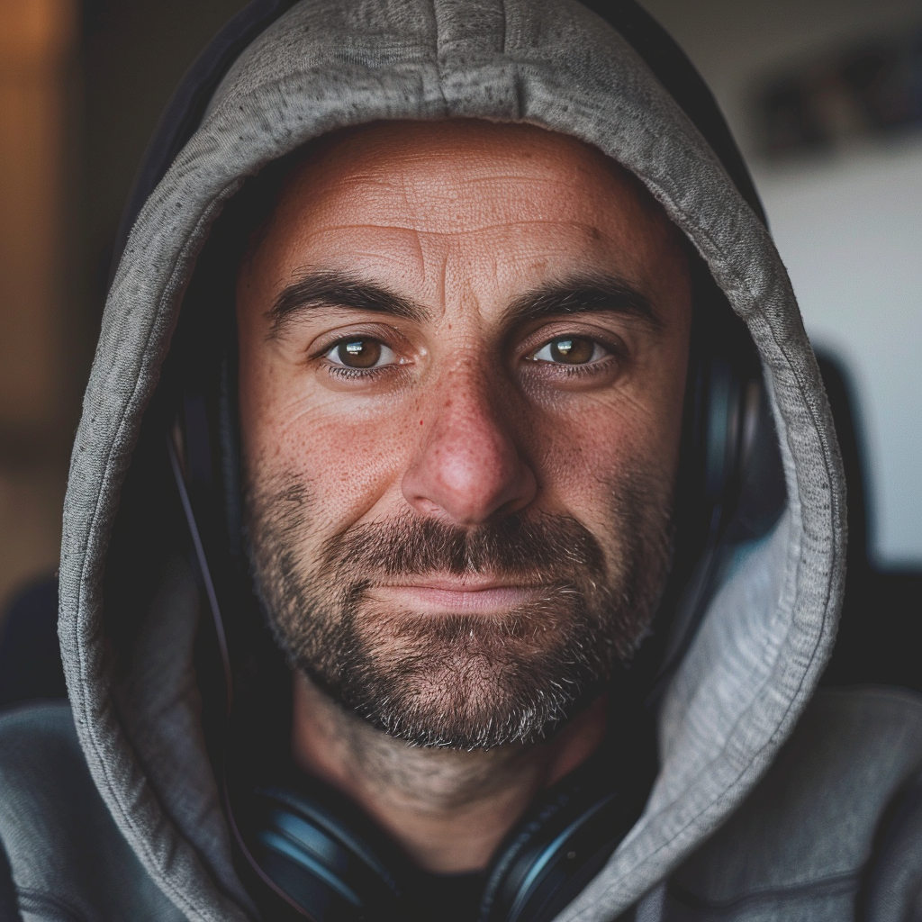 French podcaster in hoodie