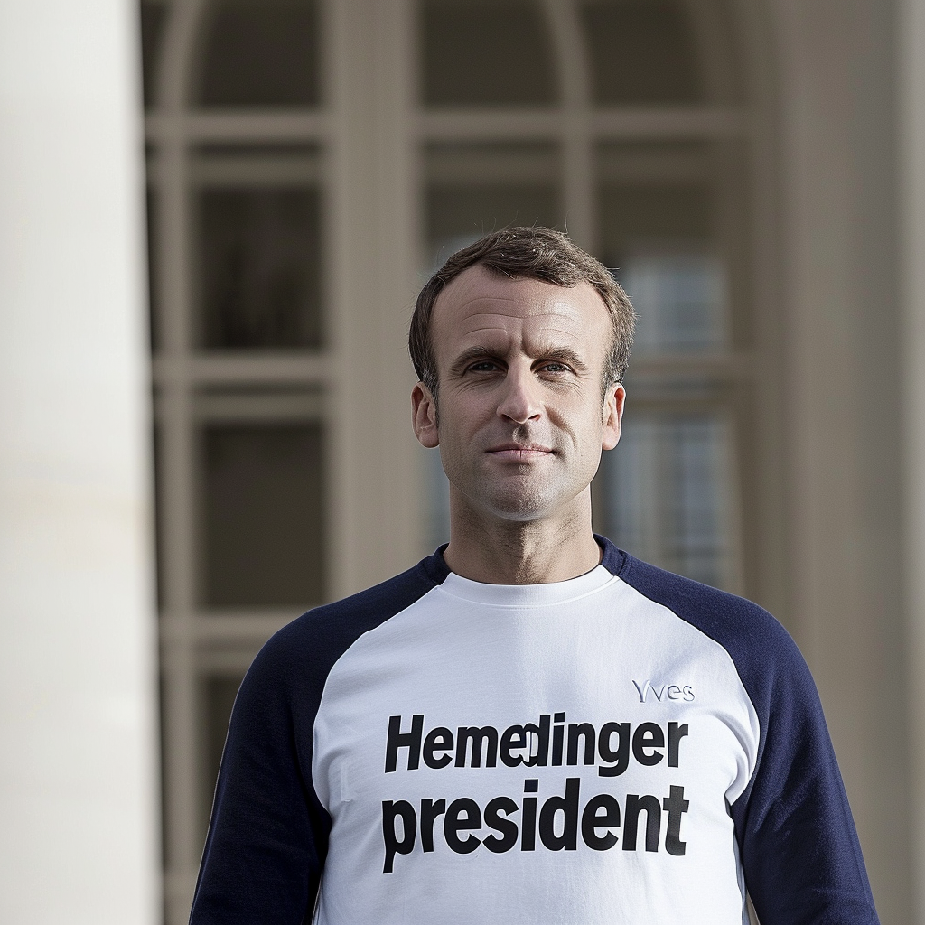 French President Emmanuel Macron in Yves Hemedinger T-Shirt