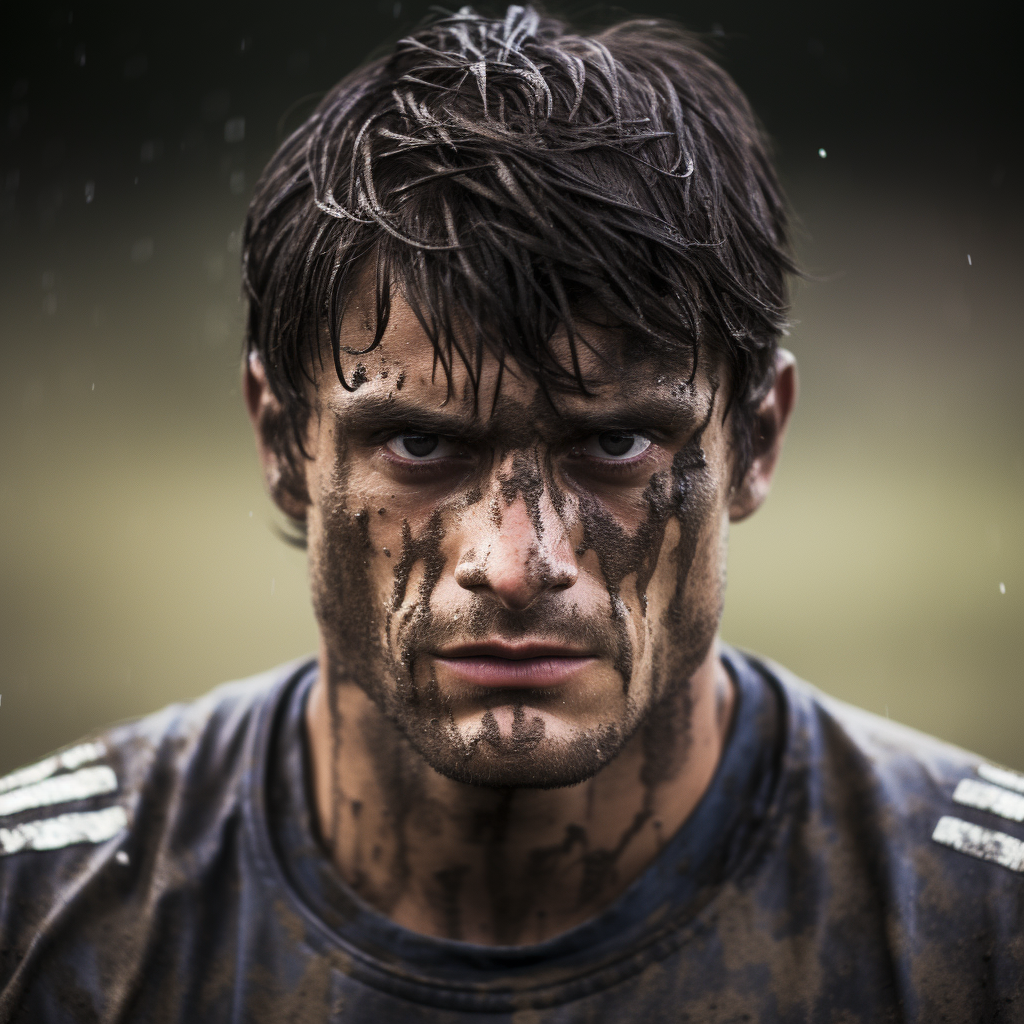 Intense French Rugby Player Amidst Rain and Mud