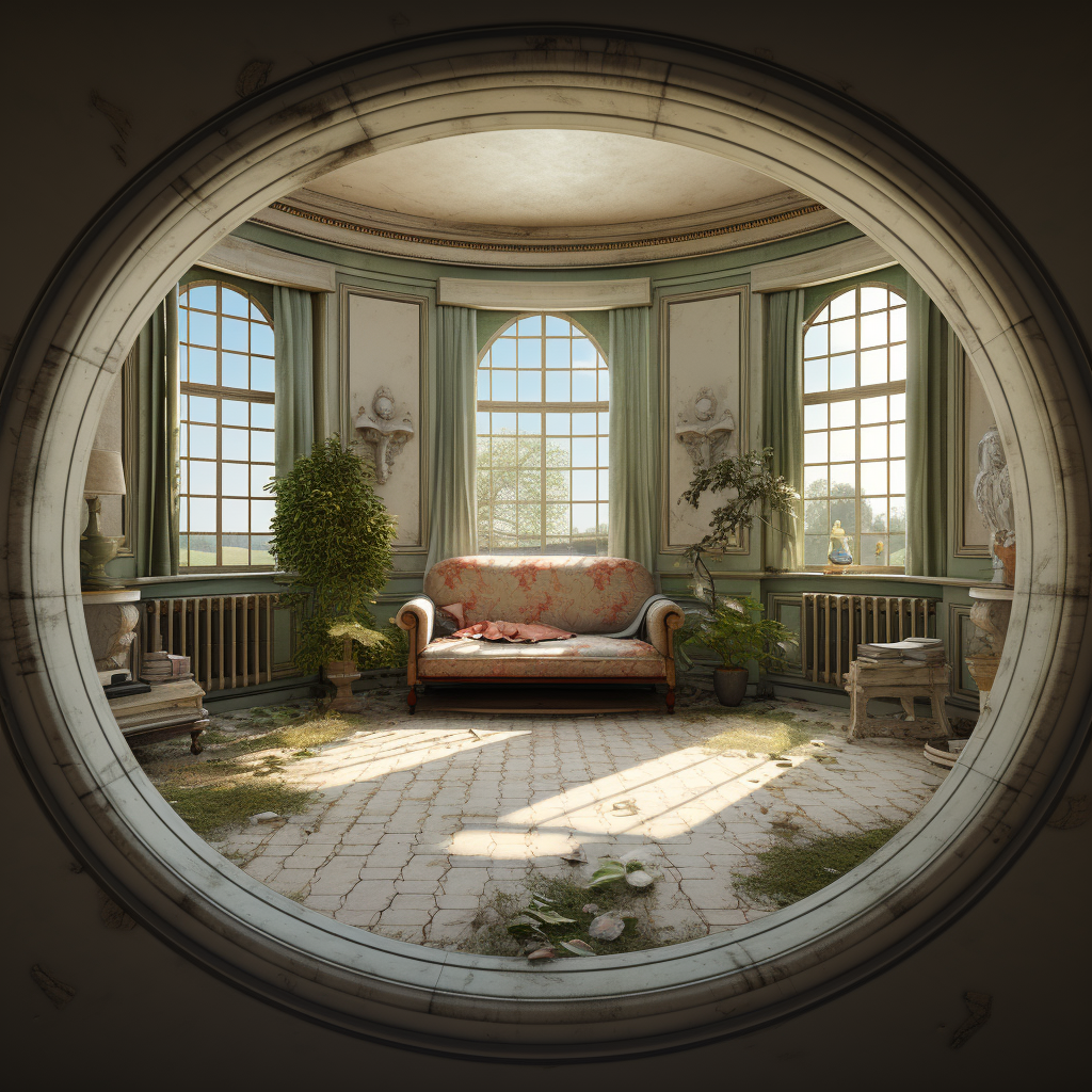 French-style room with round window and lush plants