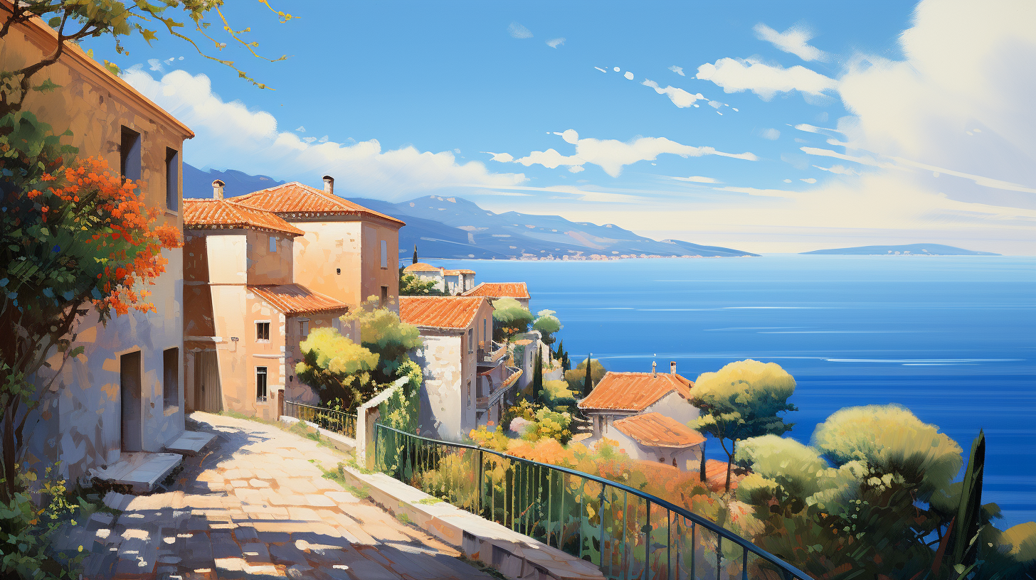 Southern French village with Mediterranean Sea and sunshine