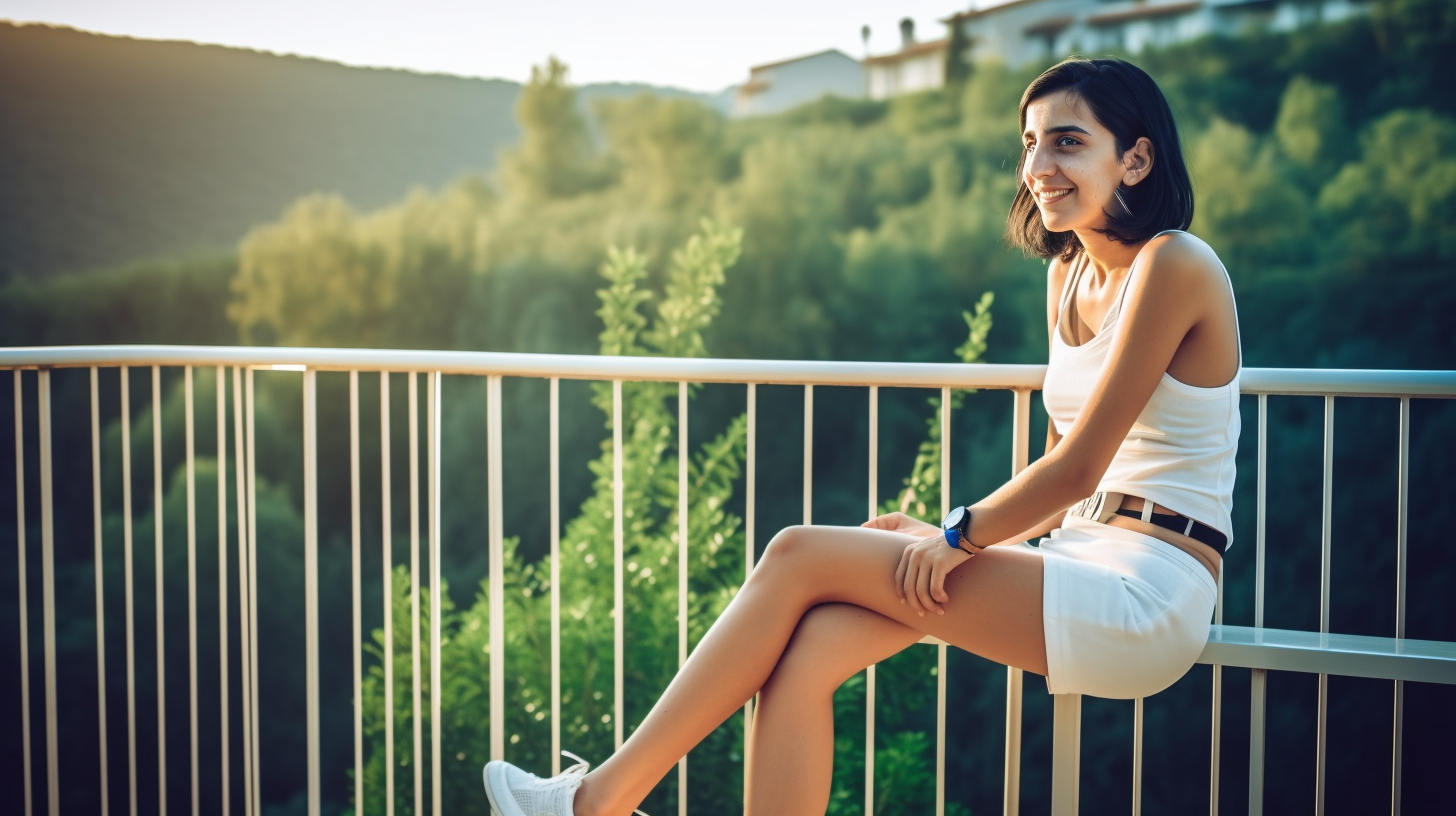 Young French woman on balcony railing