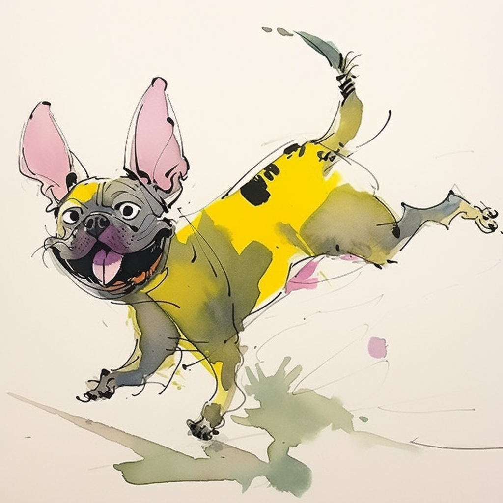 Expressive French Bulldog Dancing in Quentin Blake Style