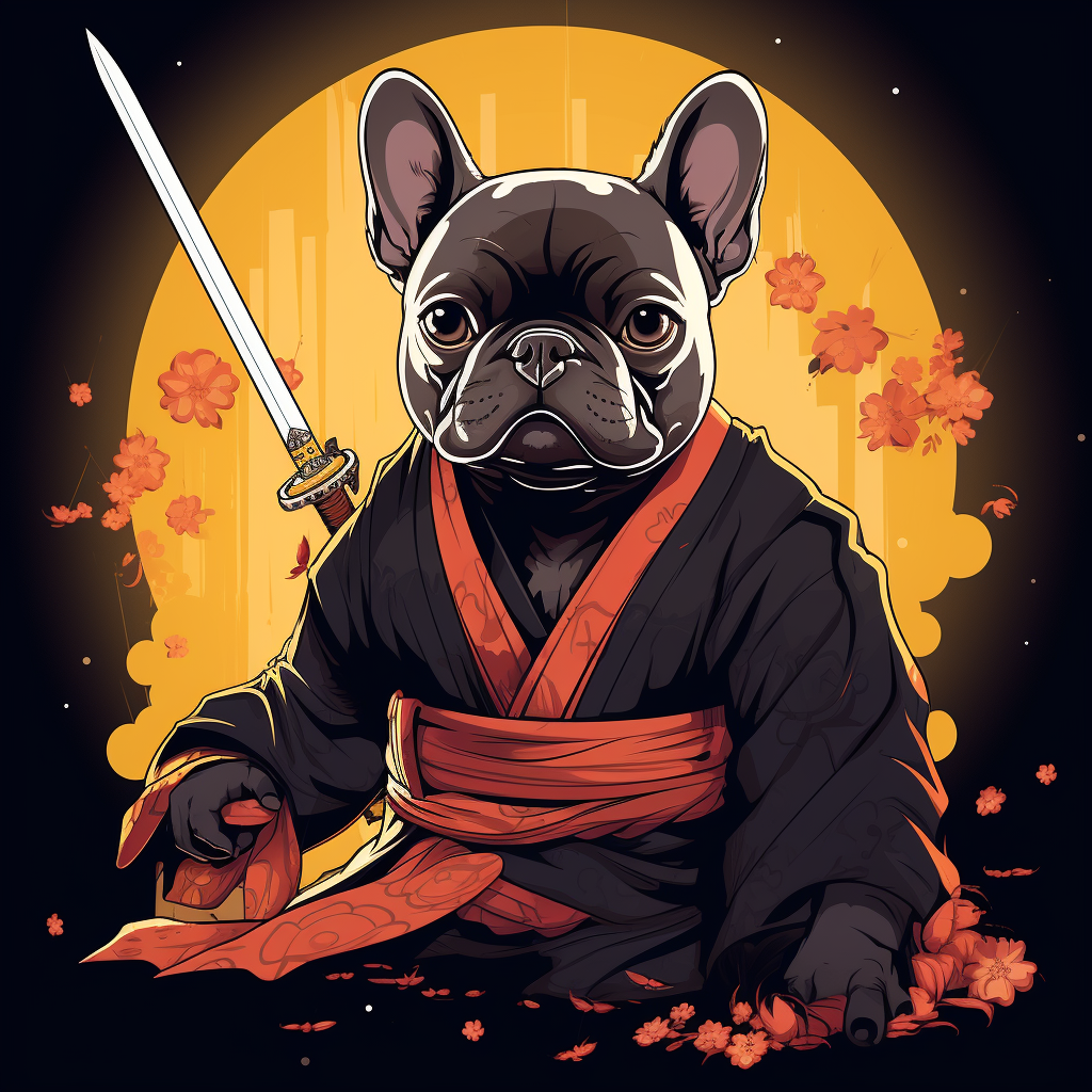 Adorable French Bulldog Samurai Swinging Sword