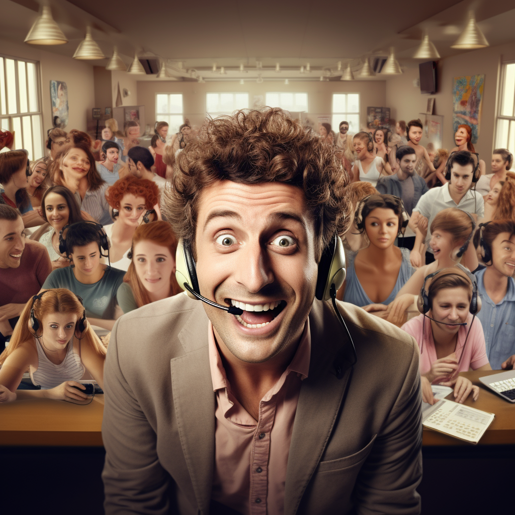 Smiling people working in a French call center