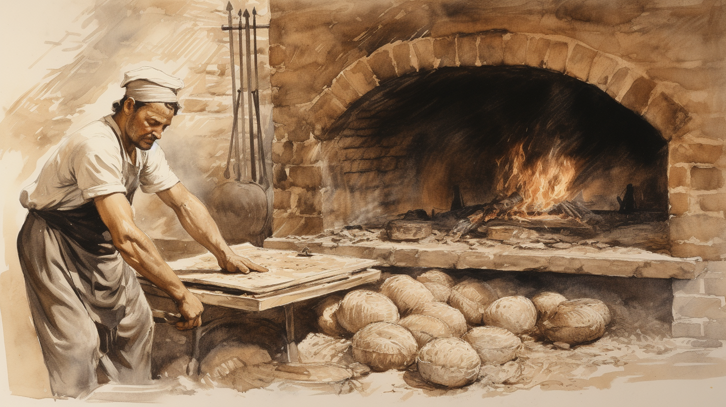 Vintage drawing of a traditional French baker preparing country bread