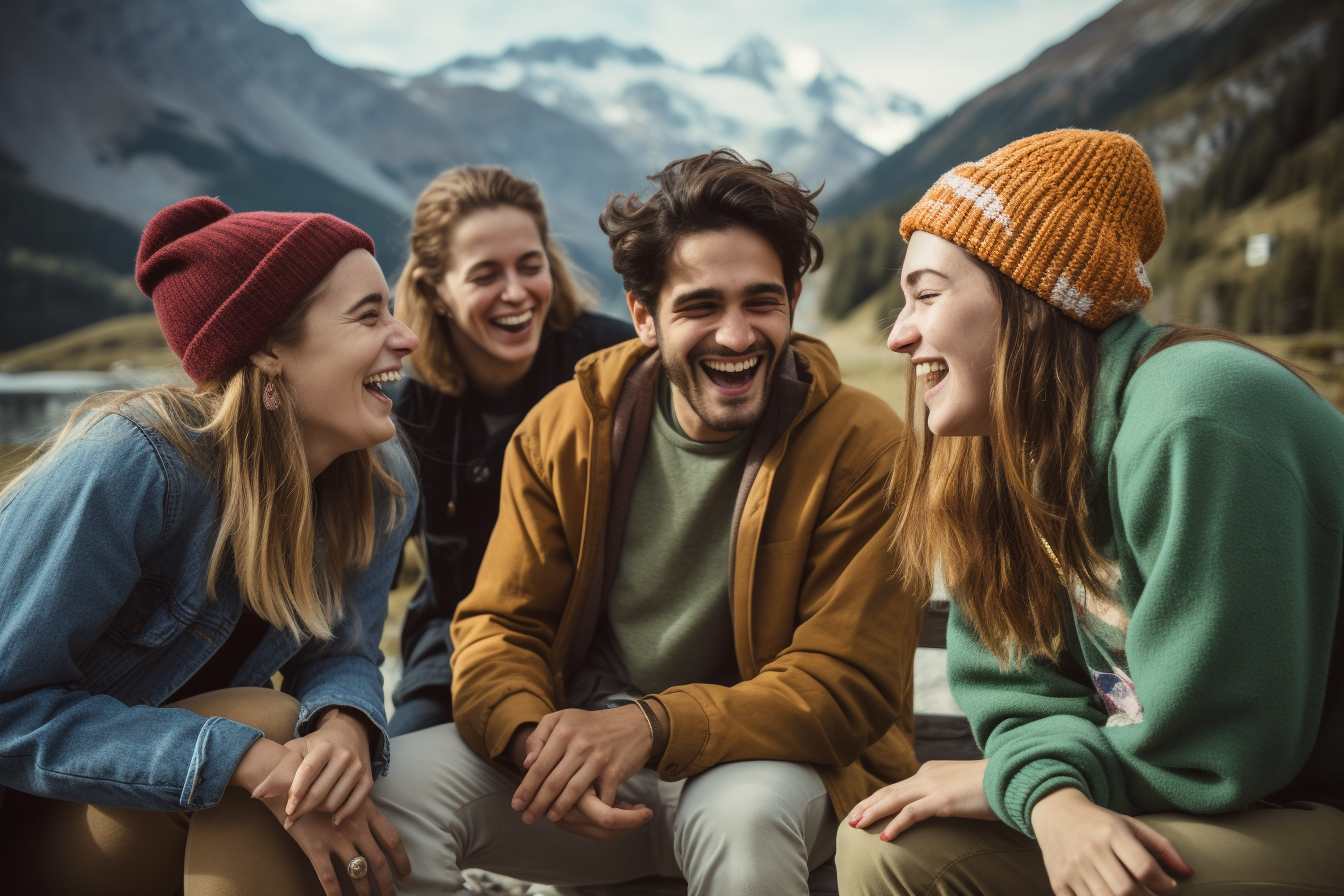 Group of trendy French students enjoying the countryside