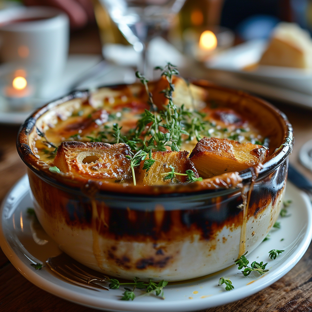 Delicious French Onion Soup at Fine Dining Restaurant