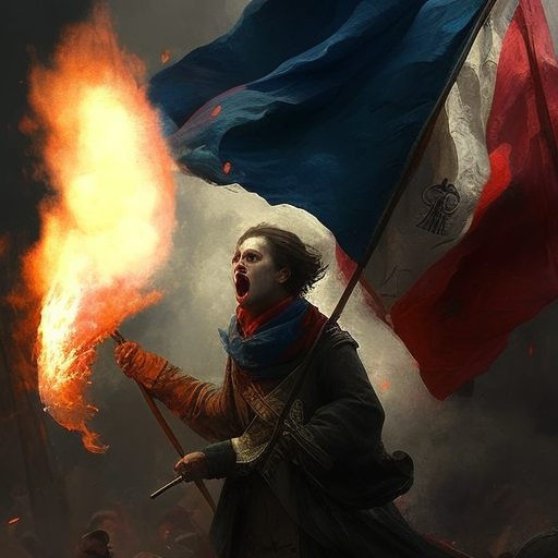 Flags, torches, fire, and smoke during the French Revolution