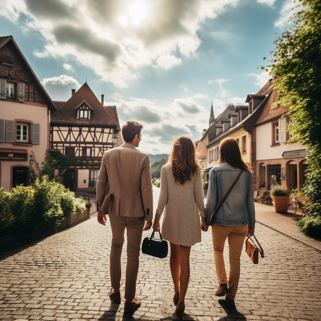 Two Men and Three Women Walking in French Town