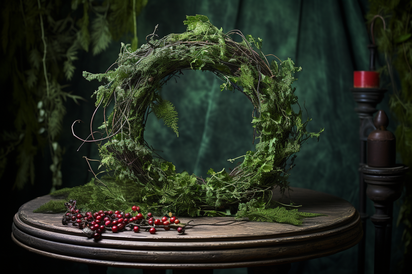 Fresh green solstice wreath with red berries