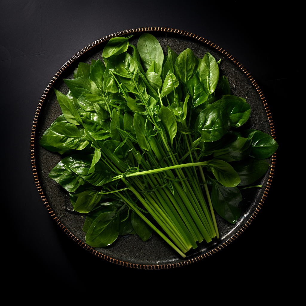 Fresh Water Spinach on Black Plate