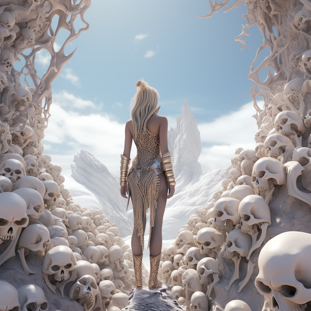 Freyja standing on icy mountain surrounded by skulls