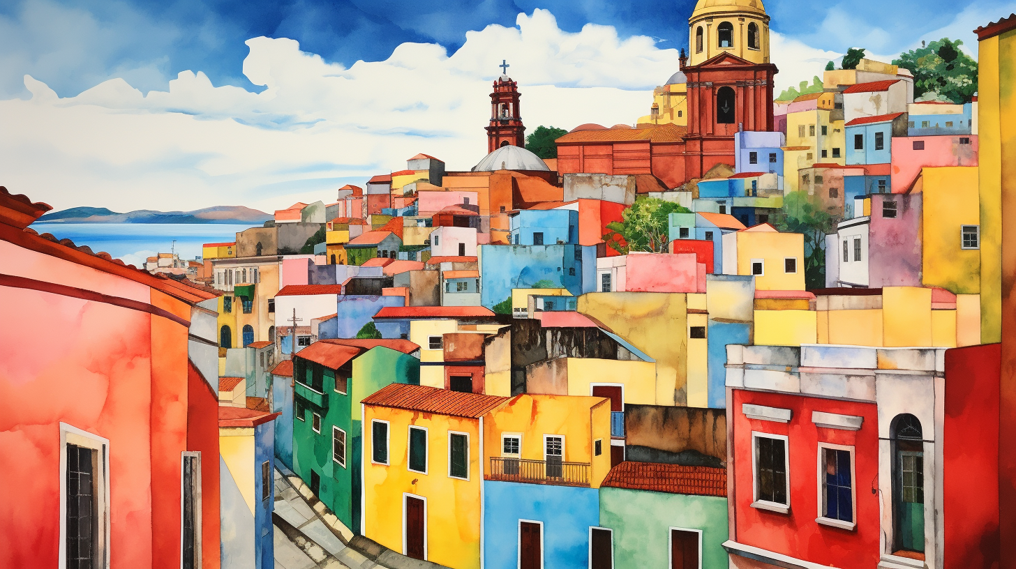 Watercolor painting of colorful Pelourinho, Salvador