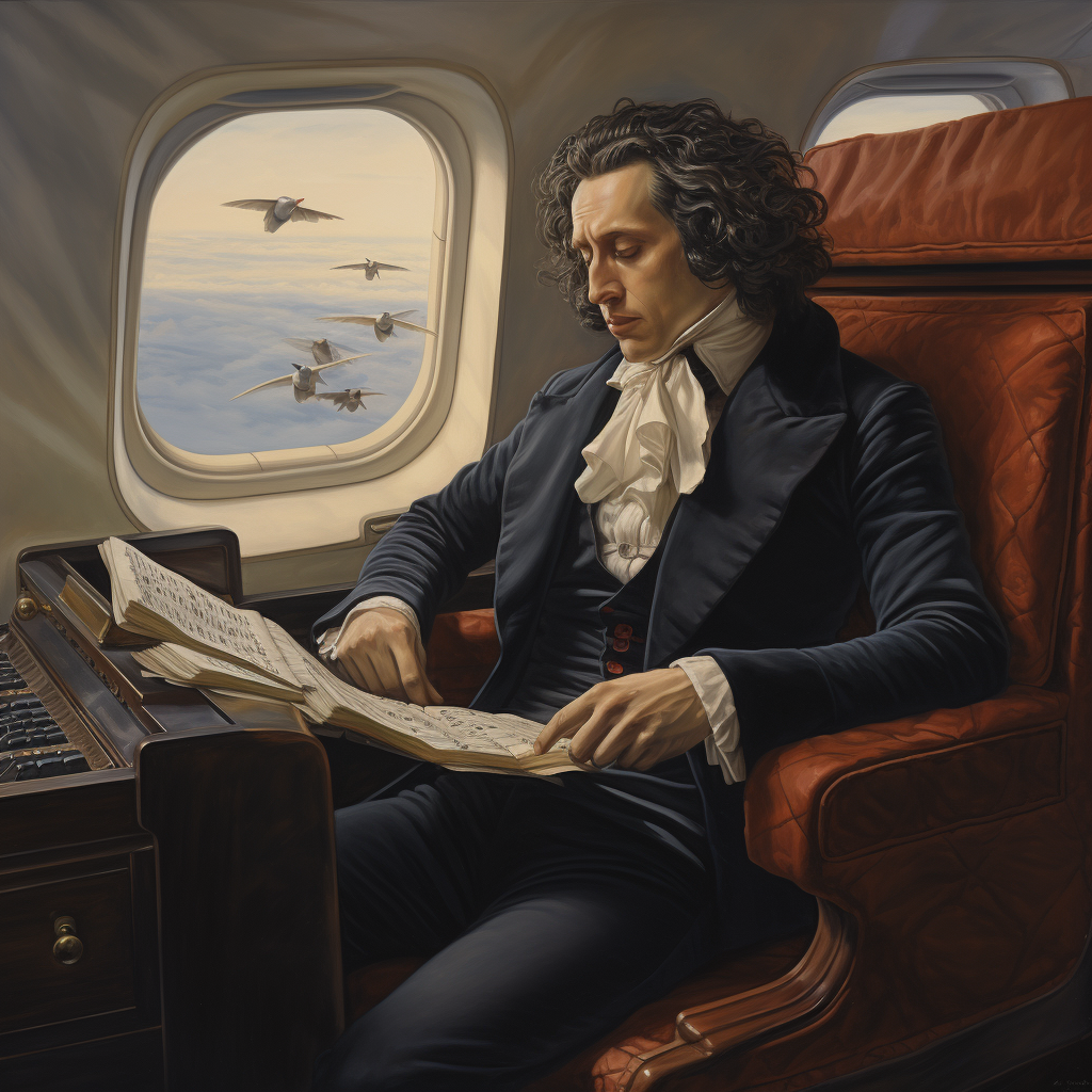 Friderick Chopin in airplane, realistic