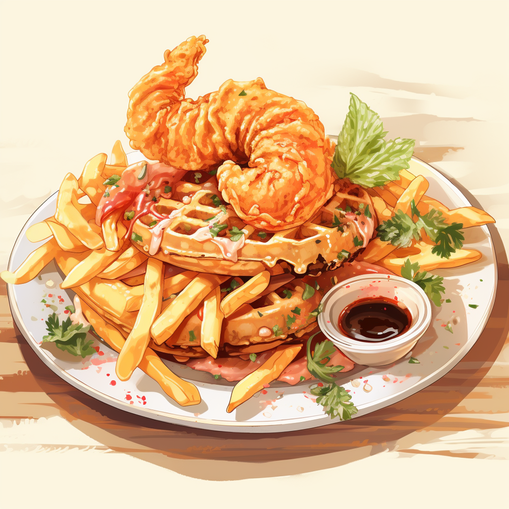 Crispy Fried Fish and Shrimp on Waffles and Fries