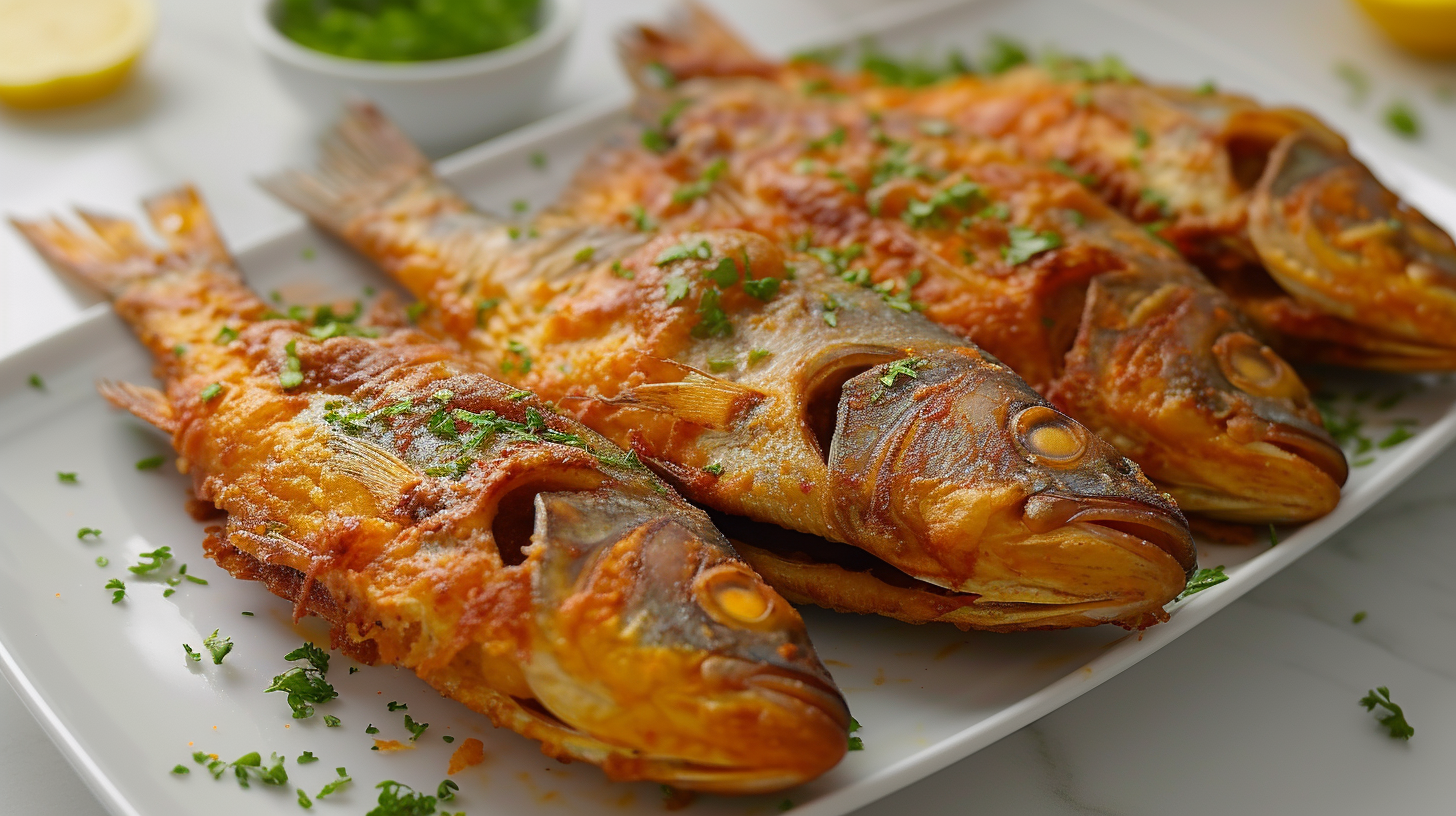 Three fried fish on white plate