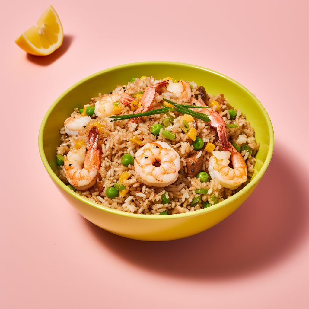 Fried rice with shrimp on pink background