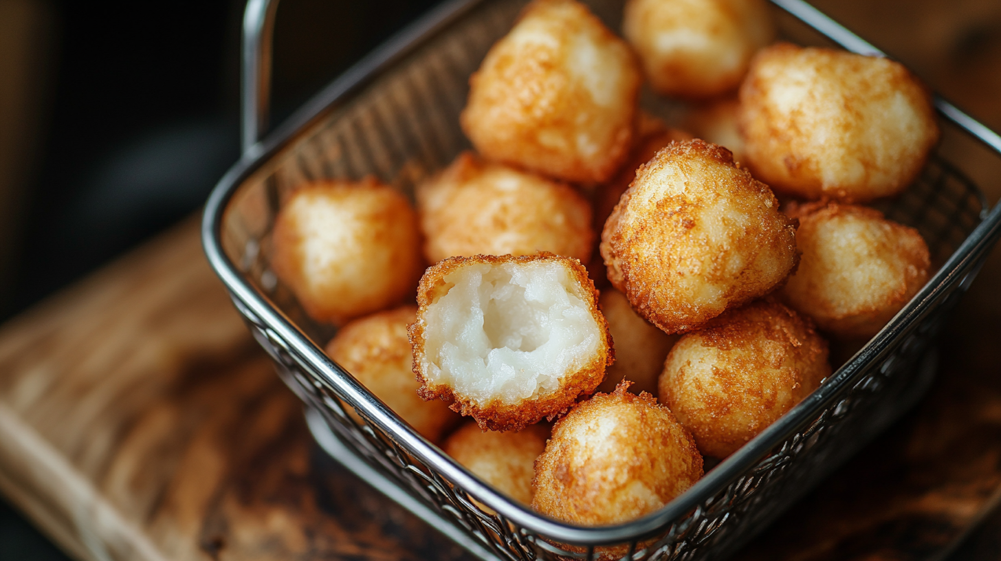 Golden fried snacks in metal basket