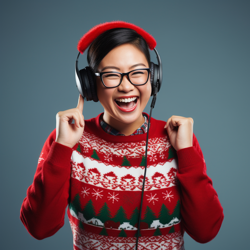 Asian female receptionist with genuine smile in holiday sweater