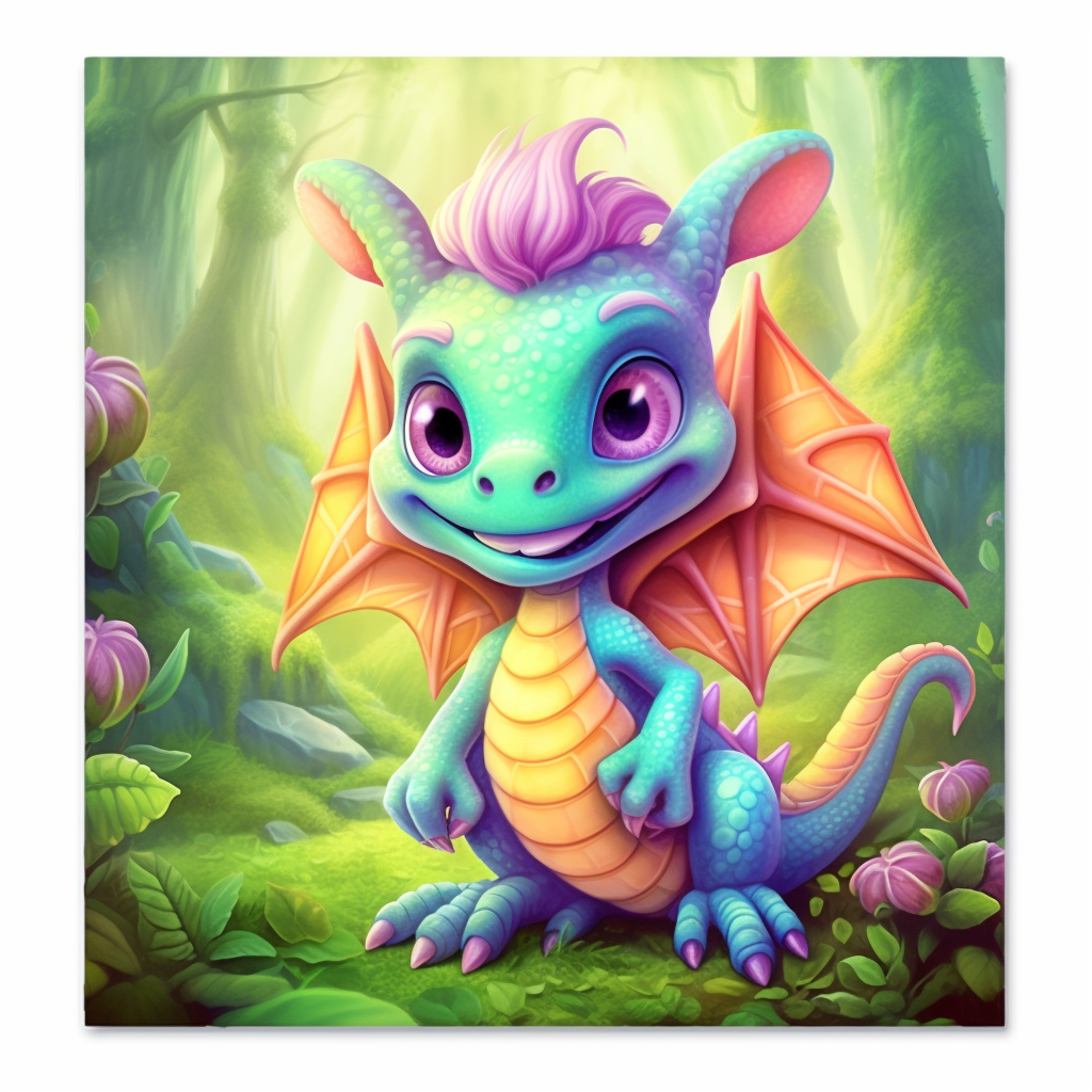 Cartoon Baby Dragon in Enchanted Forest