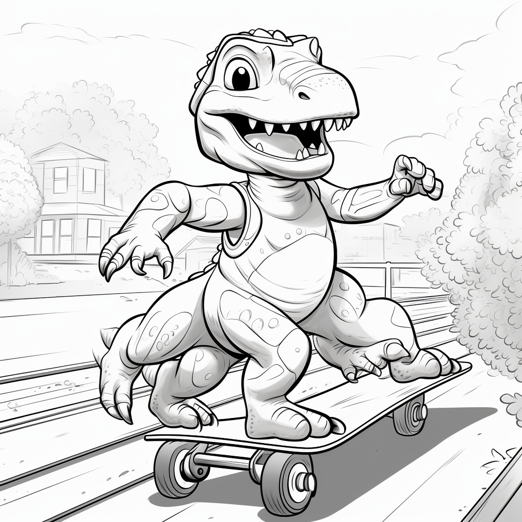 Friendly dinosaur riding a skate board coloring page