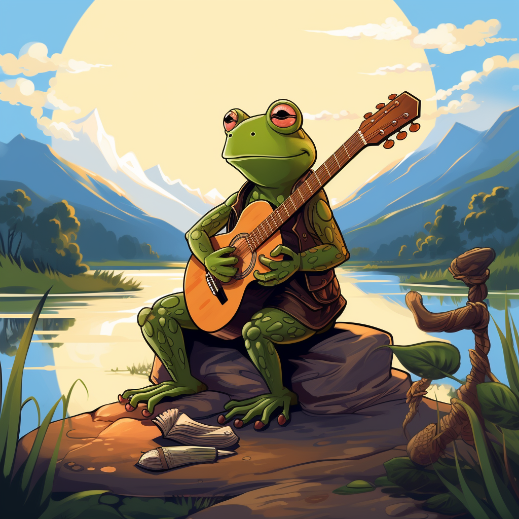 Friendly frog by the lake playing guitar with child