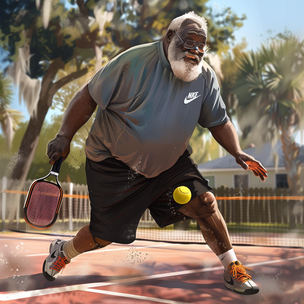 Friendly giant playing pickleball with black shorts and nike shirt