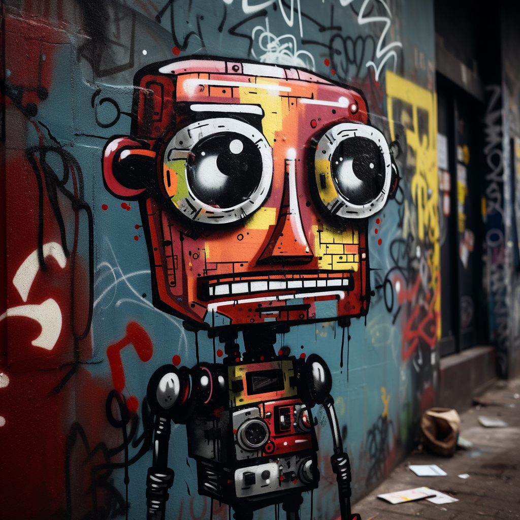 Robot painted in friendly graffiti style