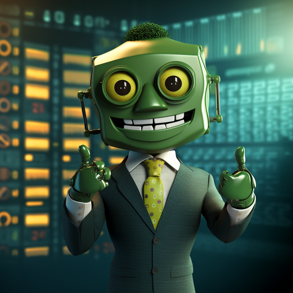 Friendly green robot trading stocks