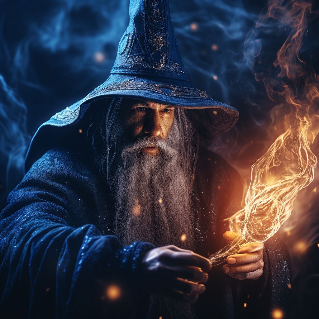 Friendly old wizard performing magic with blue sparks