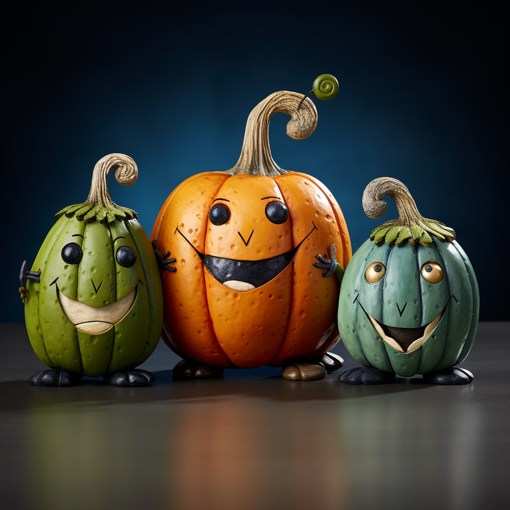 Smiling blue, orange, and green pumpkins