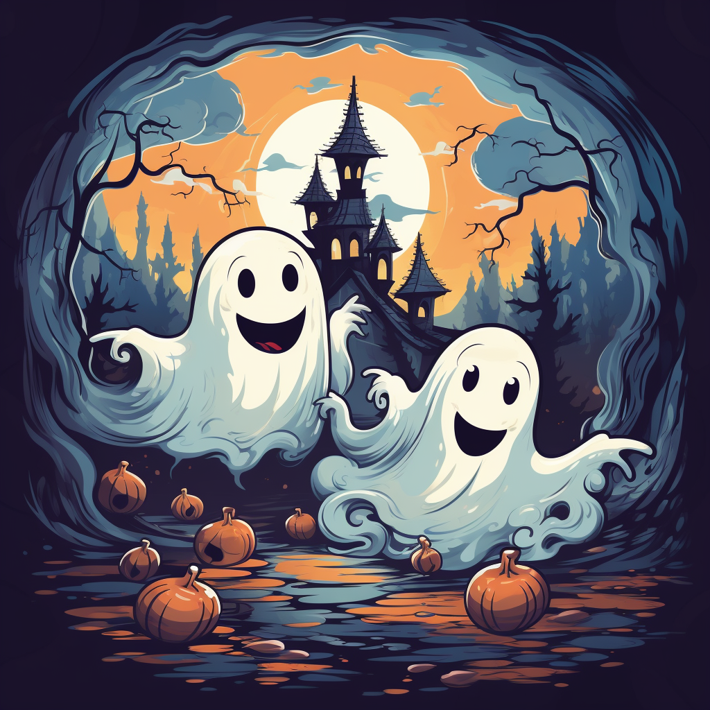 Joyful ghosts holding hands and spinning happily